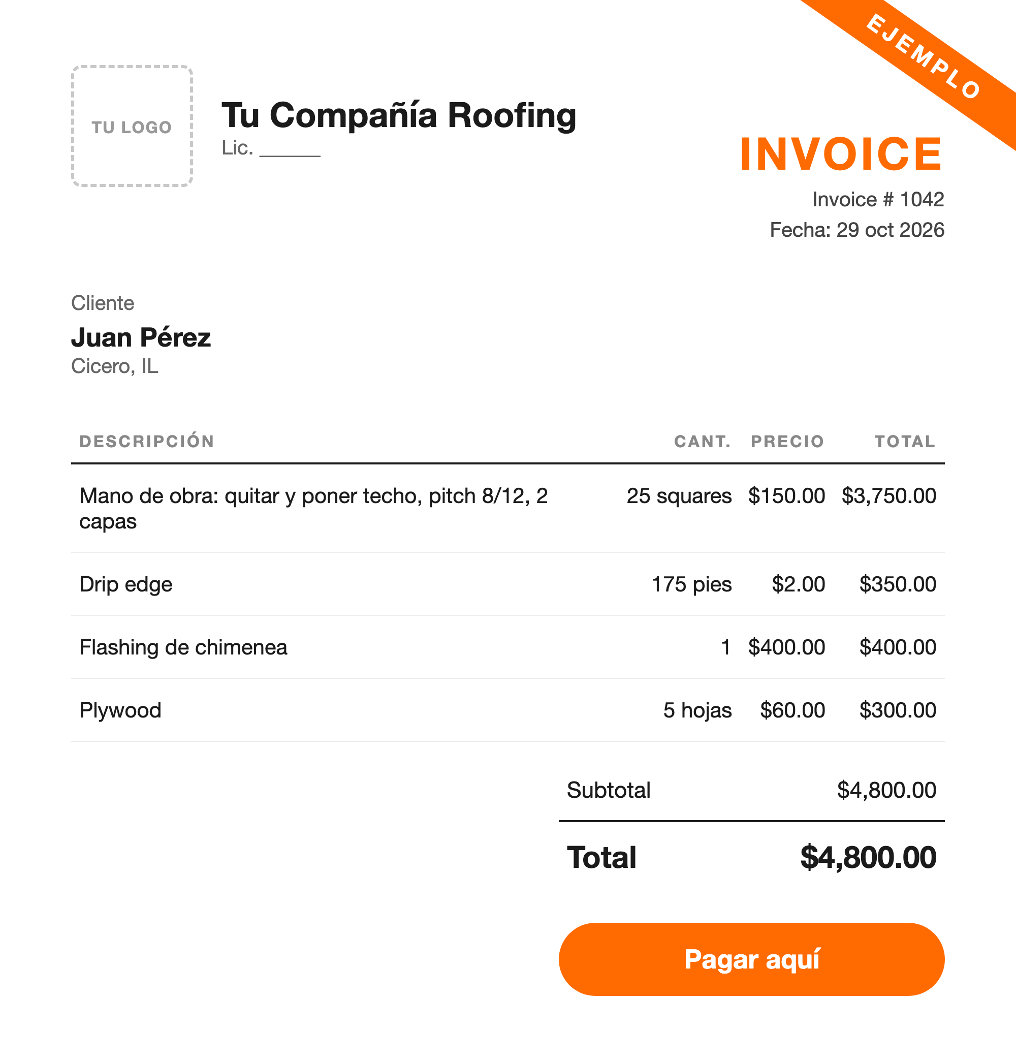 Ejemplo de invoice: mano de obra, drip edge, flashing de chimenea y plywood, con botón Pagar aquí